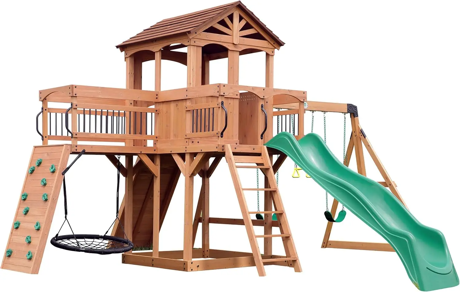 Sterling Point All Cedar Wooden Swing Set, Raised Clubhouse, Green Wave Slide, Web Swing, Climbing Wall