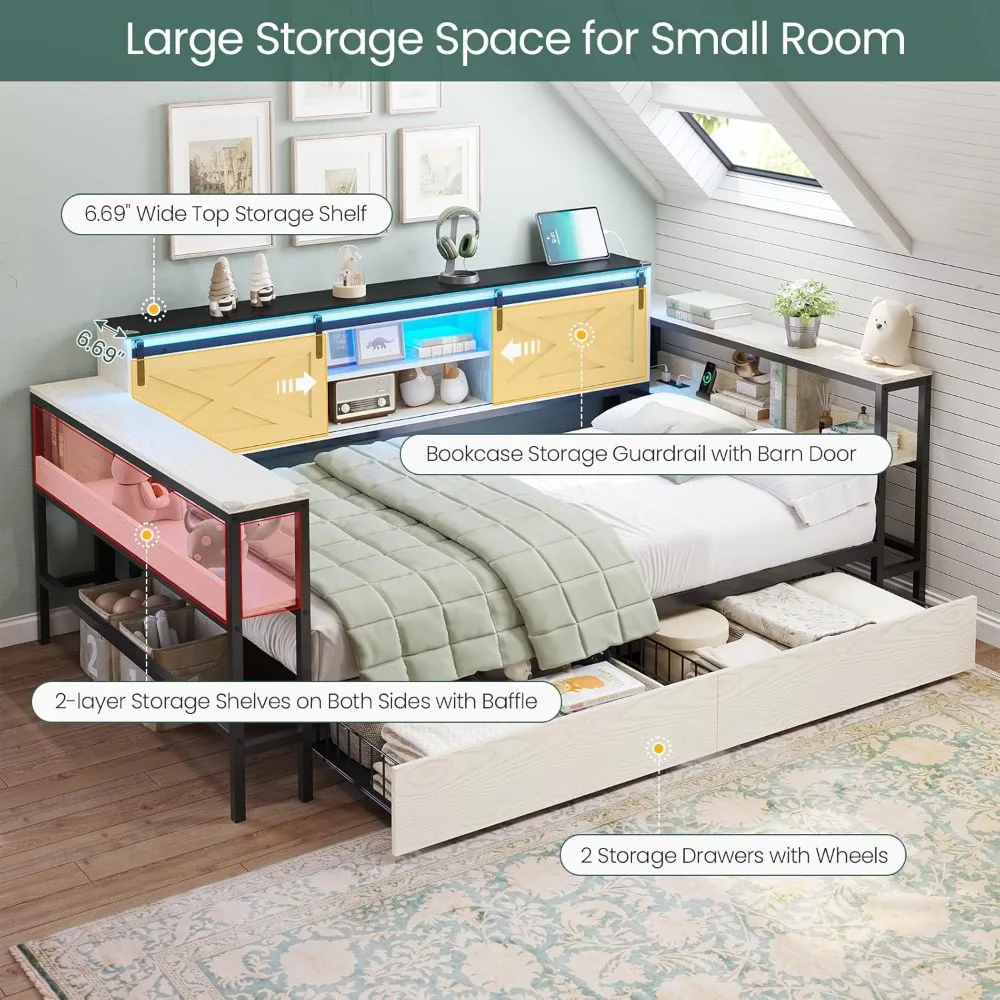 Estrutura de cama dupla XL de canto com gavetas de armazenamento, estação de carregamento e luzes LED Farmhouse Twin XL Daybed com cabeça de armazenamento