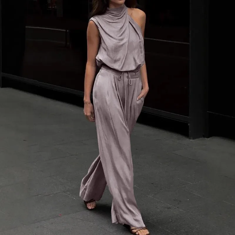 

Fashion Satin Two Piece Set Women Casual Asymmetric High Collar Sleeveless Pullover Elastic Waist Lace Up Wide Leg Pants Suit