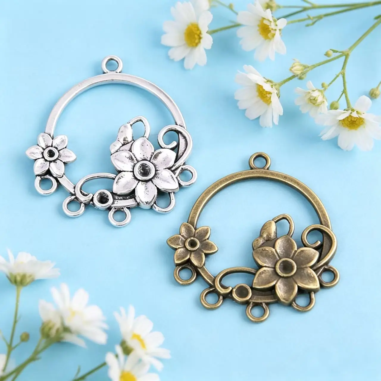10Pcs/Lot 33*35mm New Product Antique Bronze Silver  Color Round Flower Charms Connector Jewelry Metal Alloy Jewelry Marking