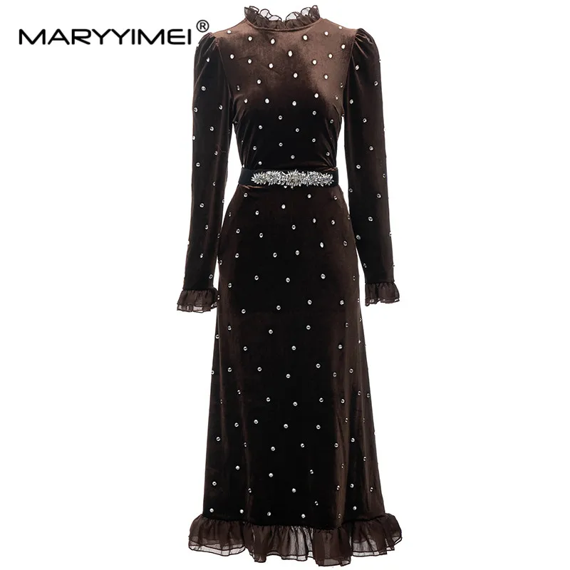 

MARYYIMEI New Fashion Runway Designer Women's Clothing Ruffled Collar Flared Long-Sleeved Detachable Belt Beaded Velvet Dress