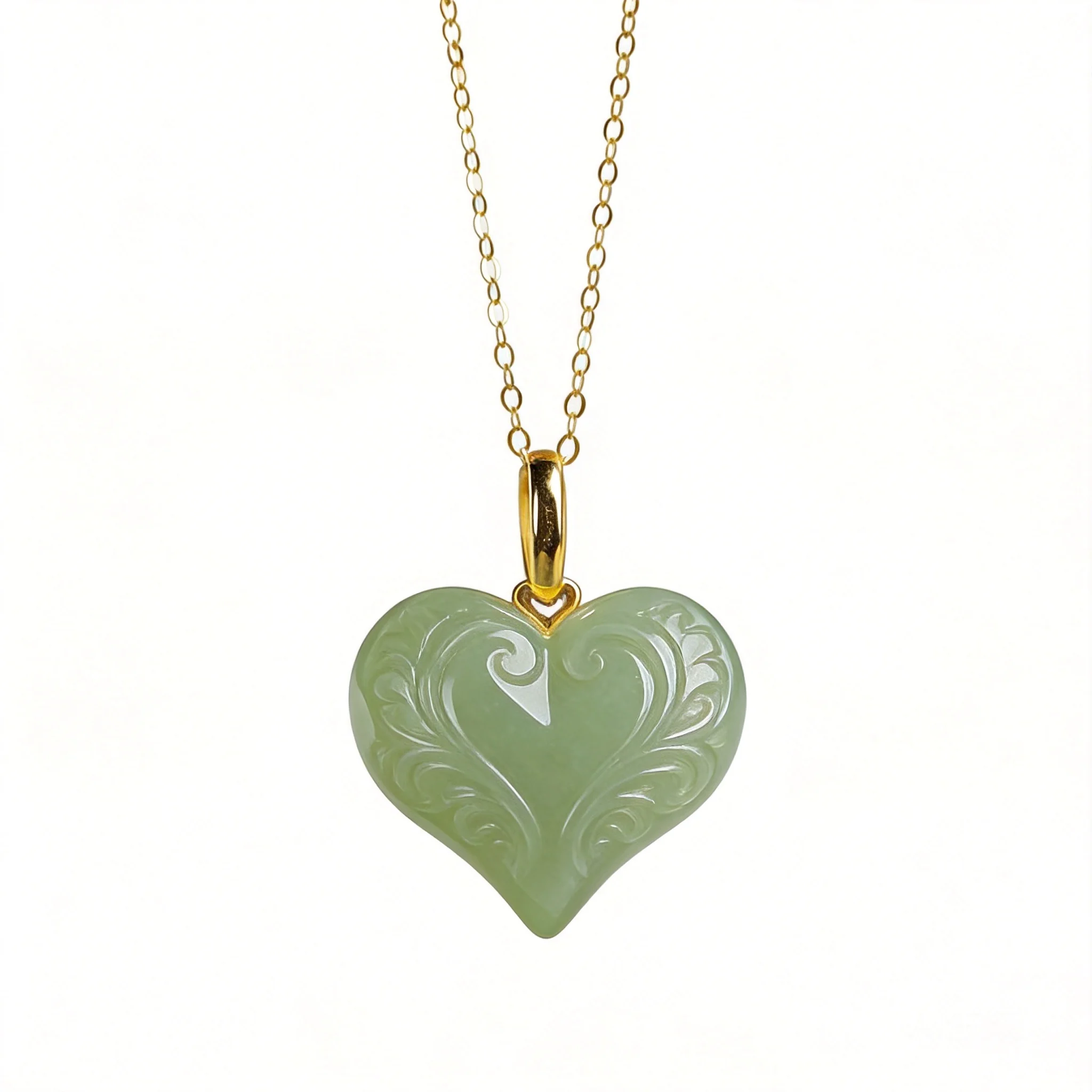 Chinese Style Lucky Blessing Natural Light Green Hetian Jade Heart Pendant Necklace S925 Silver Chain Good Fortune Wealth Attrac