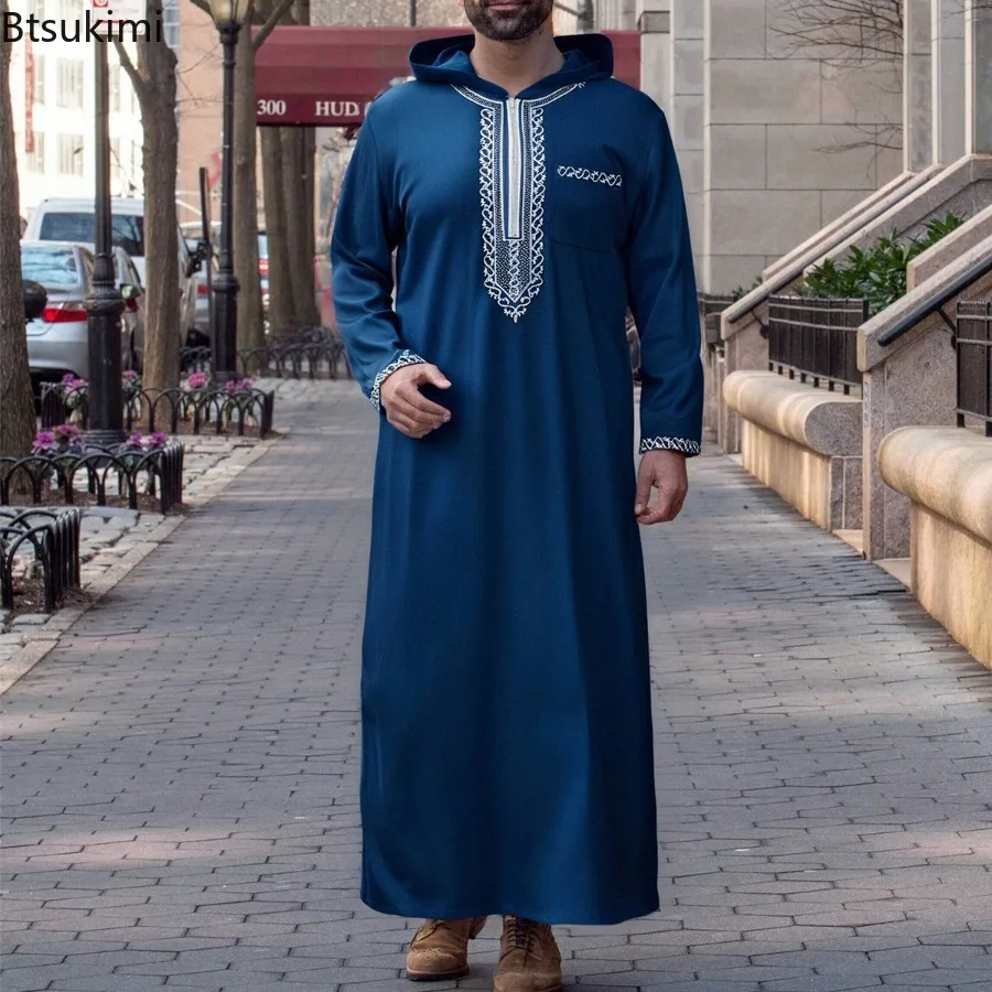 

New Muslim Men Dress Ethnic Style Embroidered Robe Stand Collar Kaftan Islamic Clothing Men Thobe Luxury Elegant Hooded Abayas