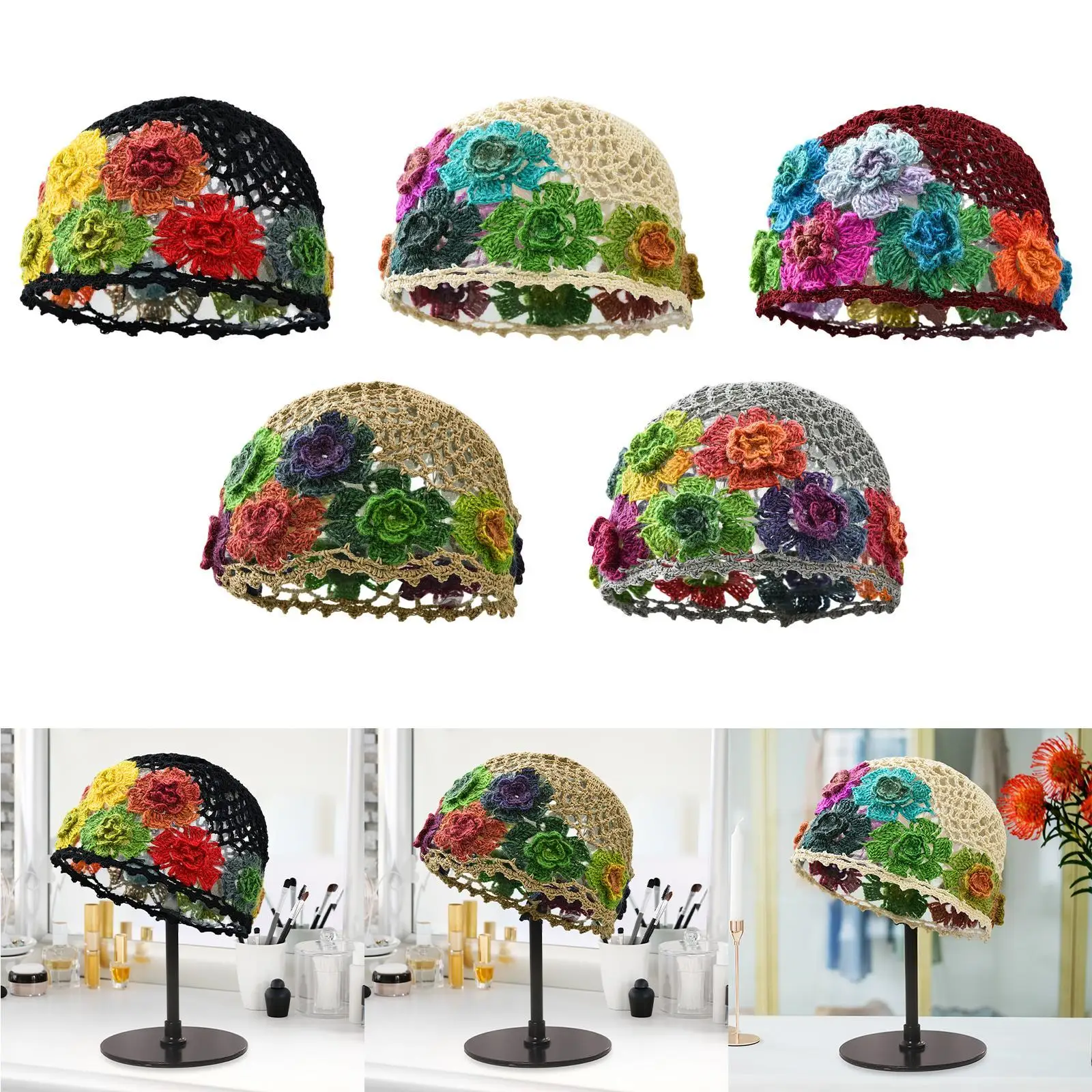 قبعة كروشيه على شكل زهرة خفيفة الوزن ومريحة على شكل زهور لمواعدة الشاطئ
