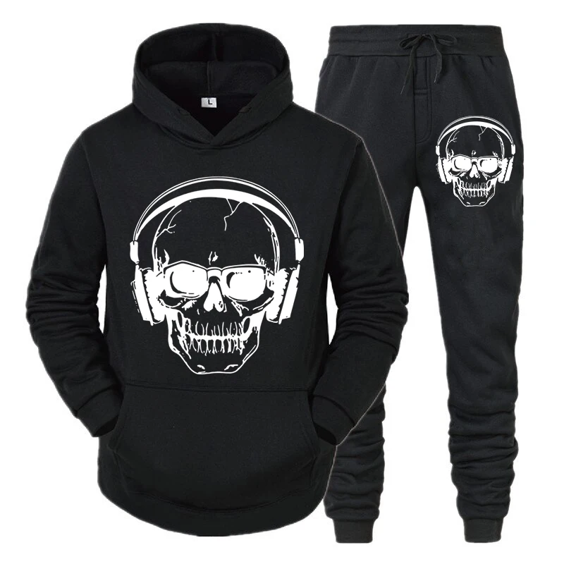 

Men's Tracksuit Casual Funny DJ Skull Music Print Long Sleeve Hooded Sport Suits Autumn Sweatshirts+Pant Fashion Two Piece Sets