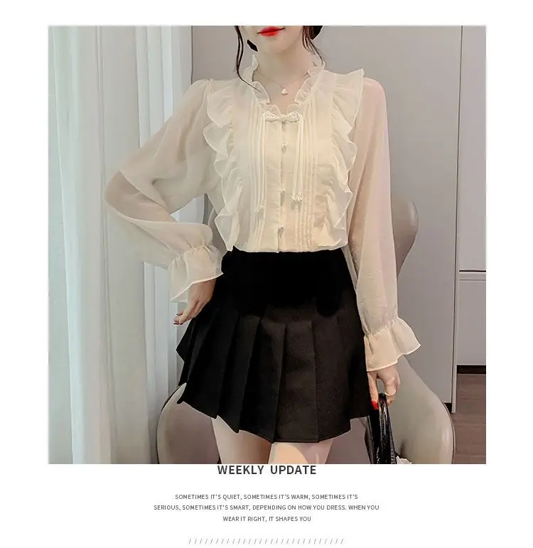 Long Sleeved Shirt Fashionable Lace Gentle Chiffon Top Women\'s Design Versatile and Stylish Fairy Shirt