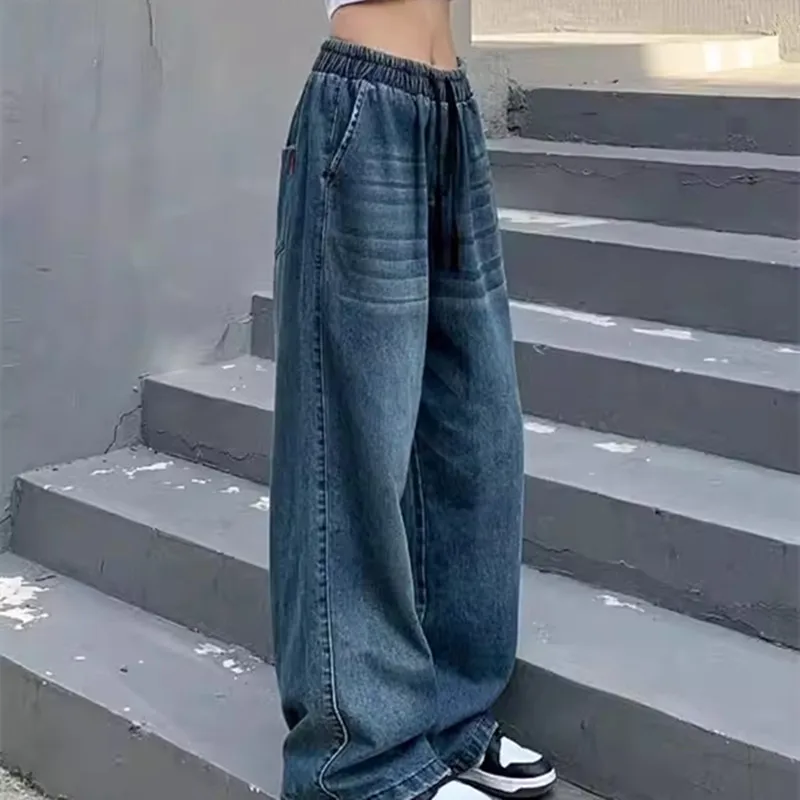 

2024 Spring Women's Casual Style Harajuku Jeans Vintage High Waist Loose Blue Pants Y2K Wide Leg Baggy Pockets Denim Trouser