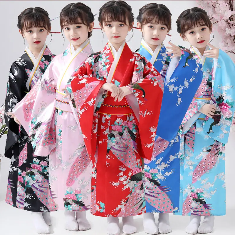 Print Peacock Children Traditional Japanese Kimono Girl Cosplay School Performances Traditional for Elementary Boy Sakura Asian