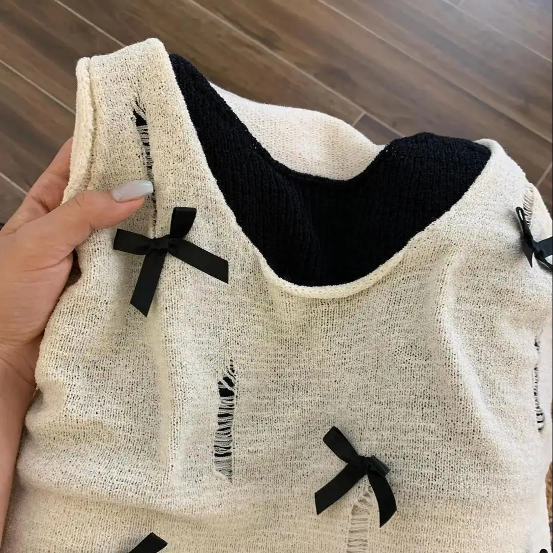 Fake Two-Piece Tank Knitting Contrast Women High Street Hollow Out Bow Patchwork Vest Fashion Casual Loose Female Tops