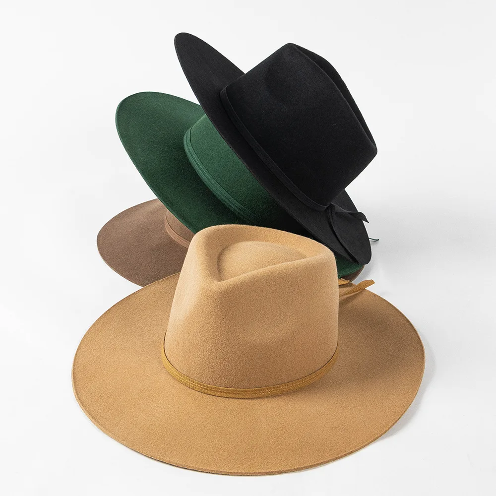 

Premium 100% Wool Wide Brim Wool Fedora Hat for Men Women with Bowknot Band 4.9" Crown Height 3.5" Brim Teardrop Crown M-L Sizes