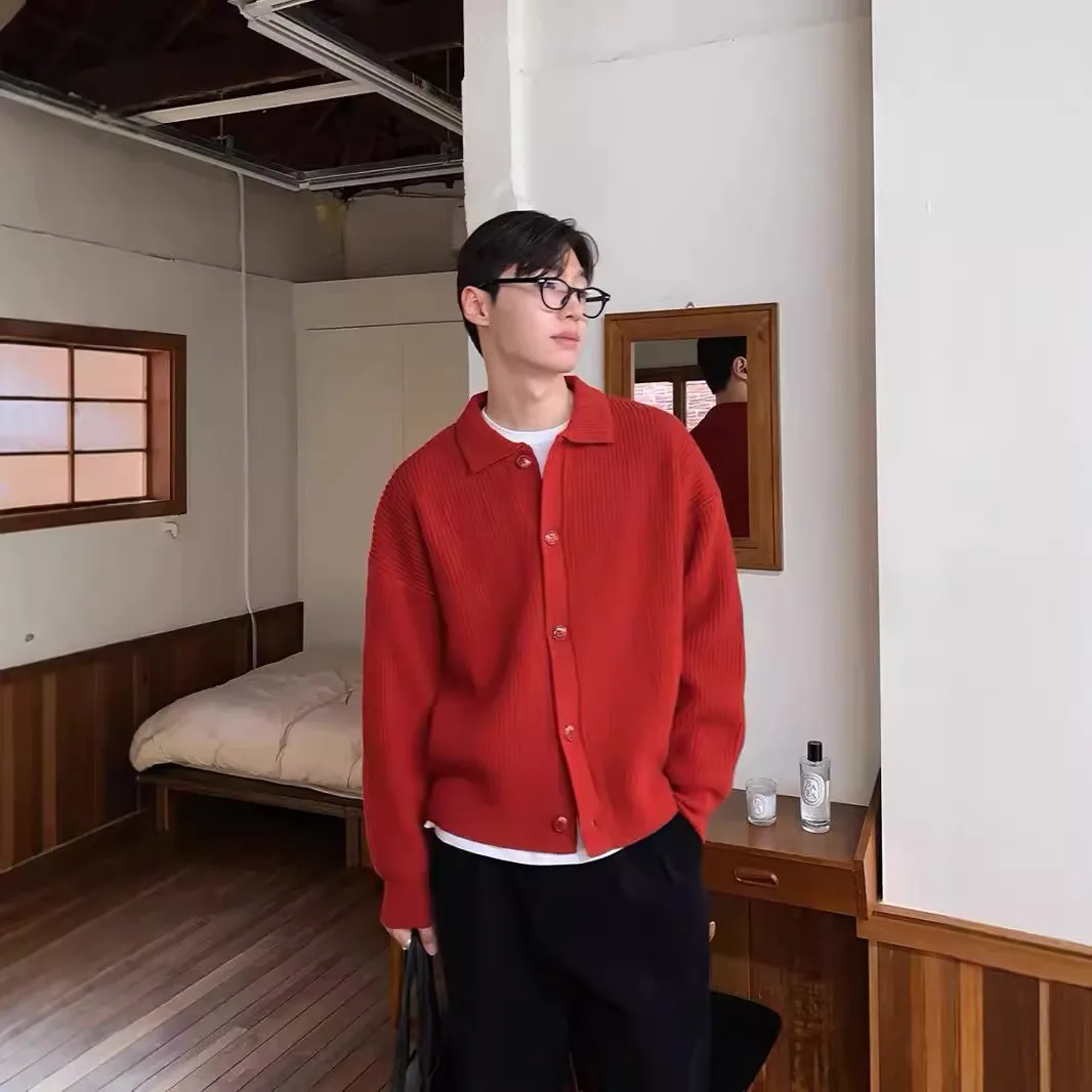 

Men Sweater Turn-down Collar Single-breasted Buttons Loose Cardigan Sweater Coat Long Sleeves Knitted Jacket Work