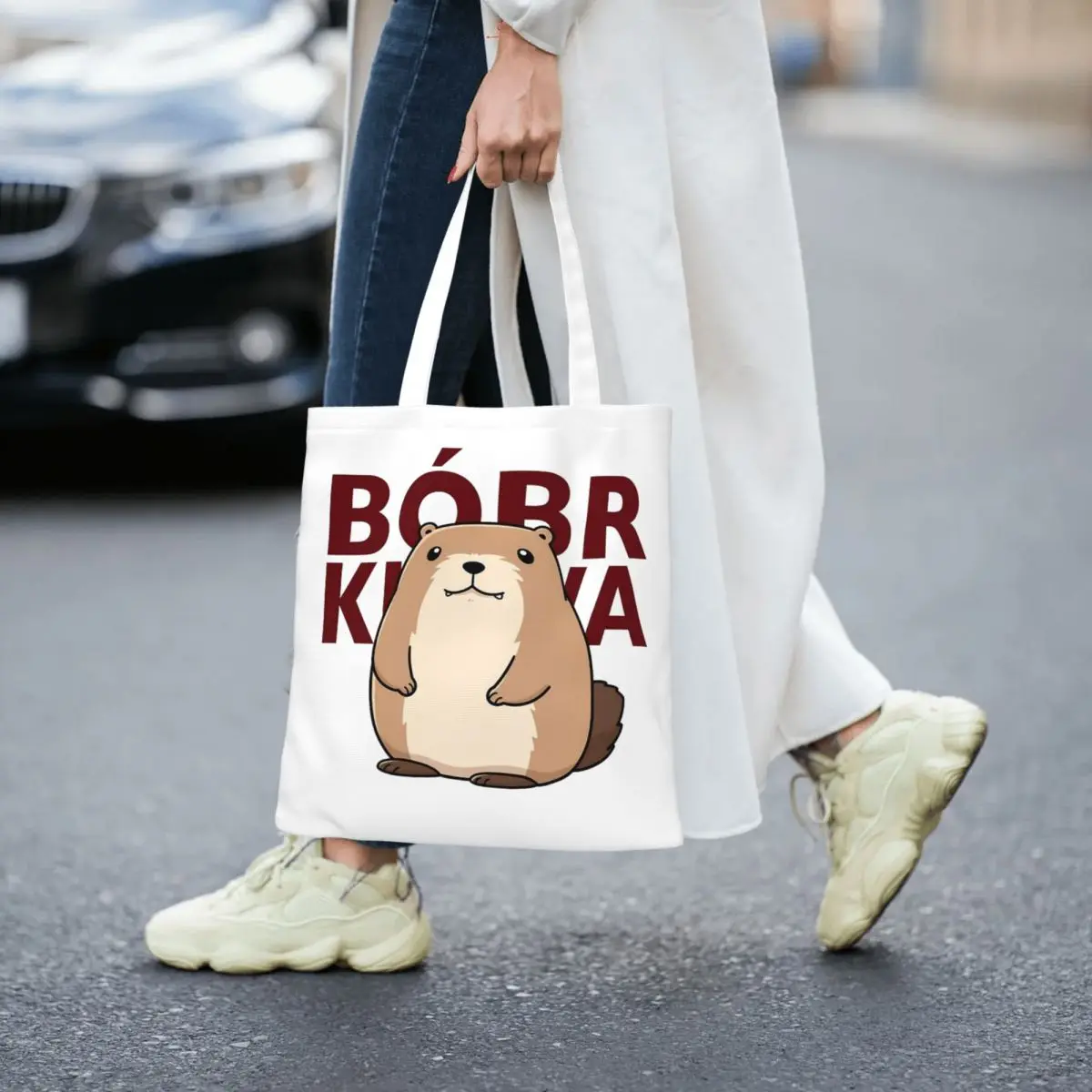 Kurwa Bobr Meme Cute Funny Beaver Canvas Tote Bag Eco-Friendly Large Shopping Bag for Unisex Polish Bober Meme Shopping Bags