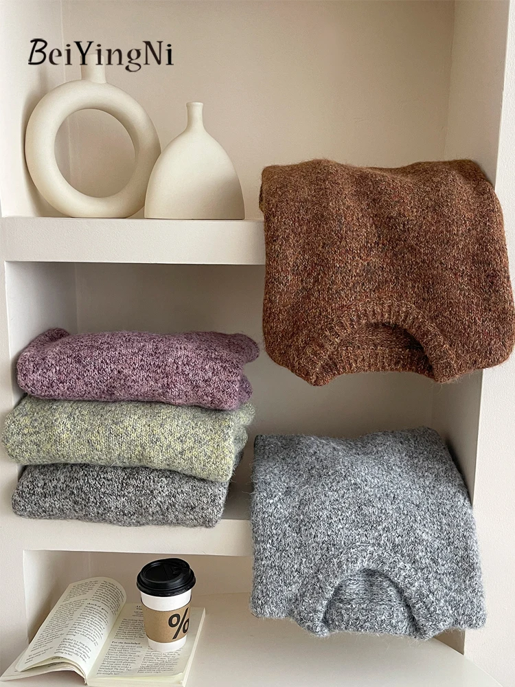 Beiyingni Vintage Casual Sweaters for Women Kpop Style Lazy Loose Knitted Tops Fall Winter Thick Pullover Woman's O-neck Jumper