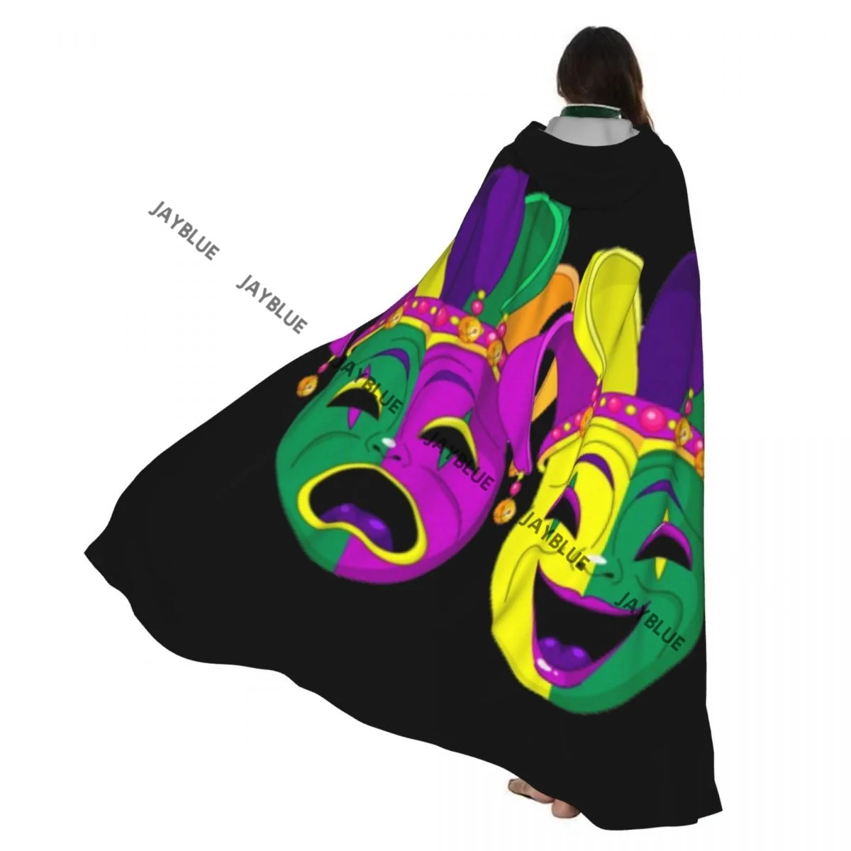 

Mardi Gras Comedy And Tragedy Masks Hooded Cloak Polyester Unisex Witch Cape Costume Accessory