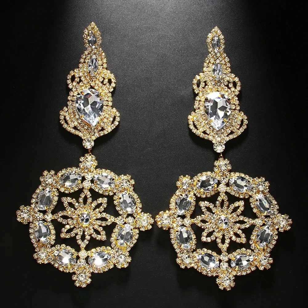Stonefans Elegant Black Oversize Flower Earrings Piercing Bridal Jewelry Hollow Exaggerated Rhinestone Dangle Earrings for Women
