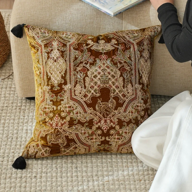 Vintage Baroque Embroidered Velvet Pillow Cover | Luxury Ornate Deer Pattern Cushion Case with Tassels | Retro Elegant Sofa Bed