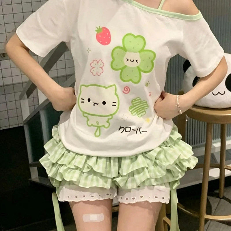 Gingham Bloomer Shorts Women Lime Green Plaid Pumpkin Shorts with Ribbon Bow Heart Eyelet Layered Ruffle Shorts Lolita Coquette