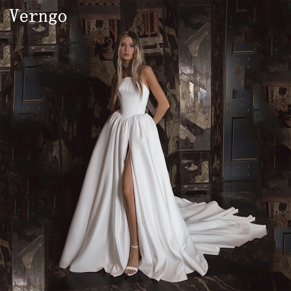 

Verngo lvory Crepe Wedding Dress Strapless A Line Bridal Gowns Side Slit Sweap Train Elegant Simple Bride Dresses Customized