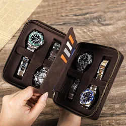 Retro Crazy Horse Leather Watch Box Handmade Rectangle Outdoor Travel Multi-Card Position Watch Storage Box