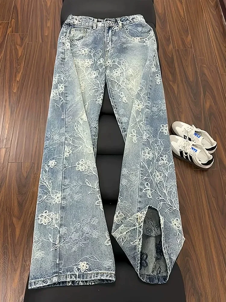 

Light Blue Embroidered Straight Leg Jeans Men's Autumn American High Street Loose Wide Leg Casual Pants Trendy Brand