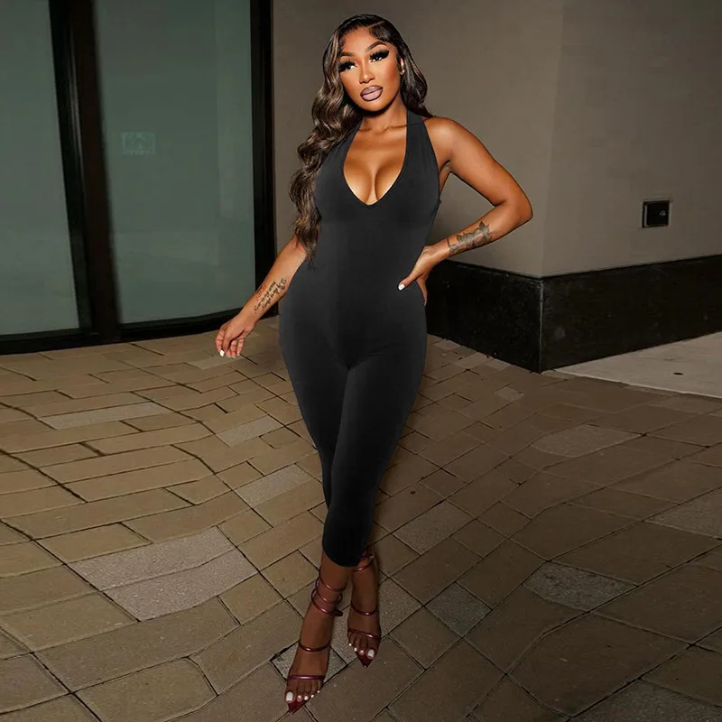 

Gtpdpllt Deep V Neck Backless Bodycon Jumpsuit Black One Piece Sexy Jumpsuits Rompers Womens Clubwear Outfits