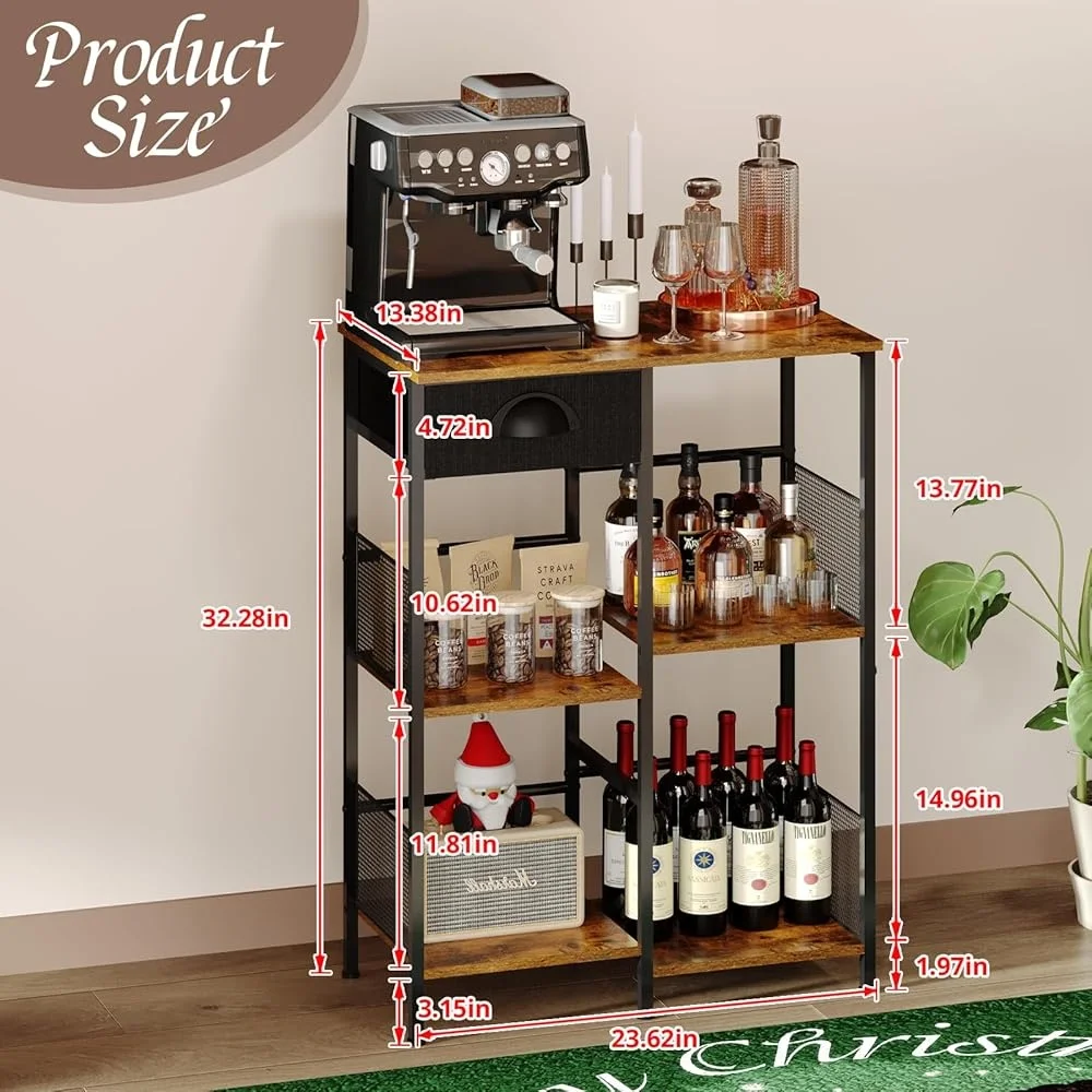 5-Tier Coffee Bar Stand with Drawer Rustic Kitchen Storage Compact Microwave Rack Space Saver