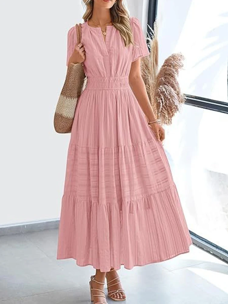 2025 Spring and Summer Cross border European and American Fashion Women's V-neck Folded Bubble Sleeve Layered Big Swing Dress - Image 6