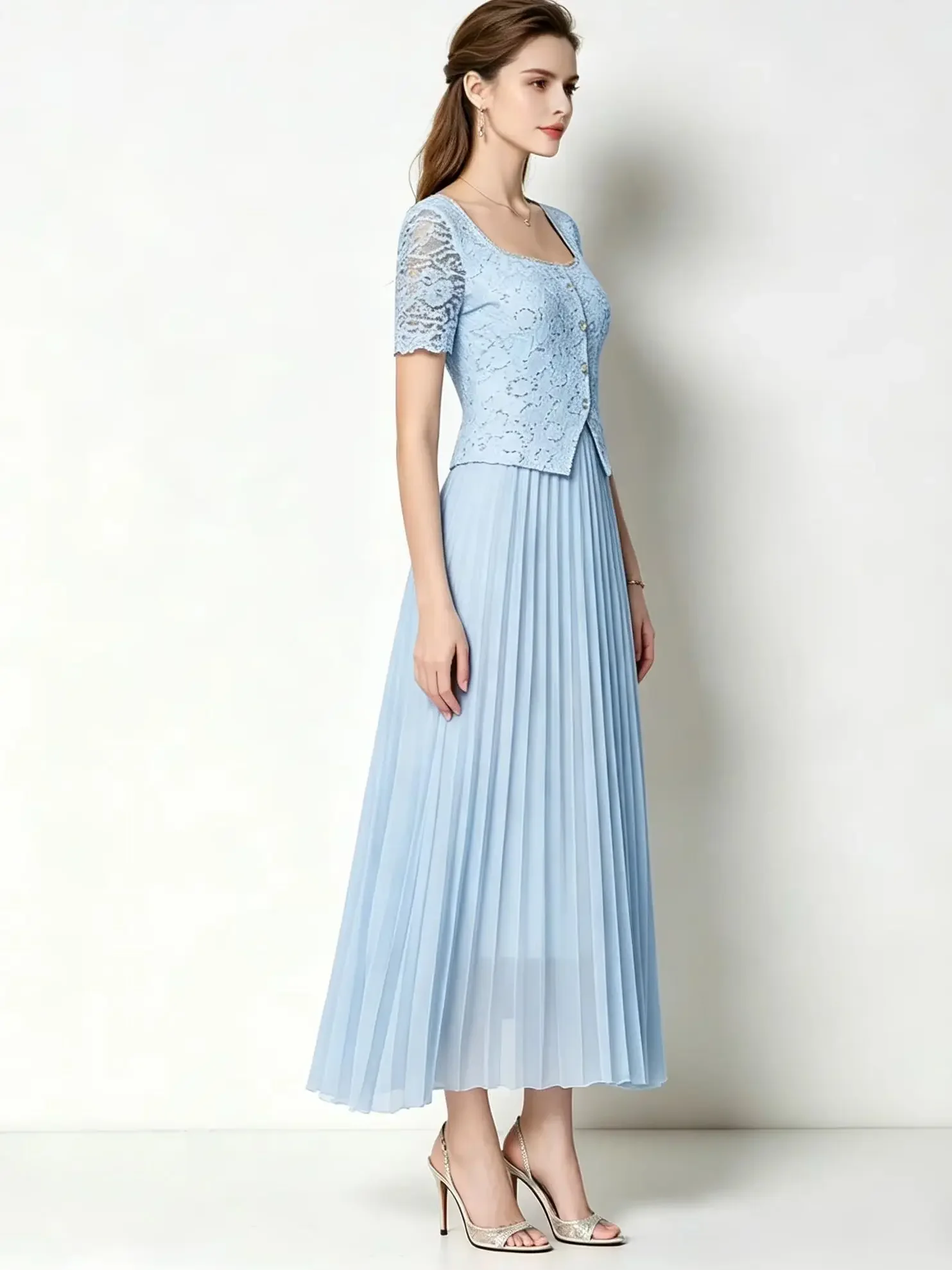 Summer Luxury Beading Formal Evening 2 Pieces Set Women's Square Collar Short Sleeve Embroidery Lace Tops + A Line Pleated Skirt