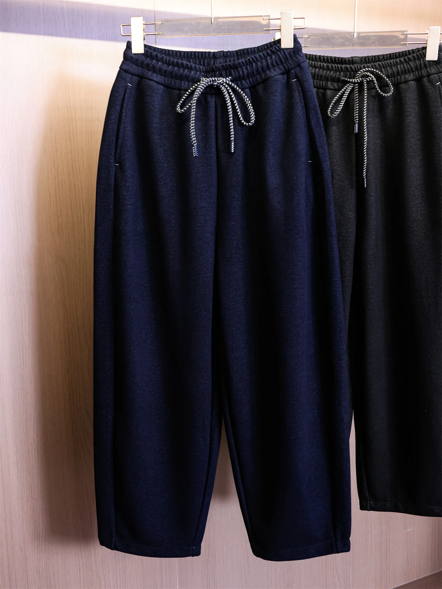 High Waist Drawstring Wide Leg Casual Pants Women's Loose Fit Trousers Pure Color Diagonal Pattern Elastic Waist Pants