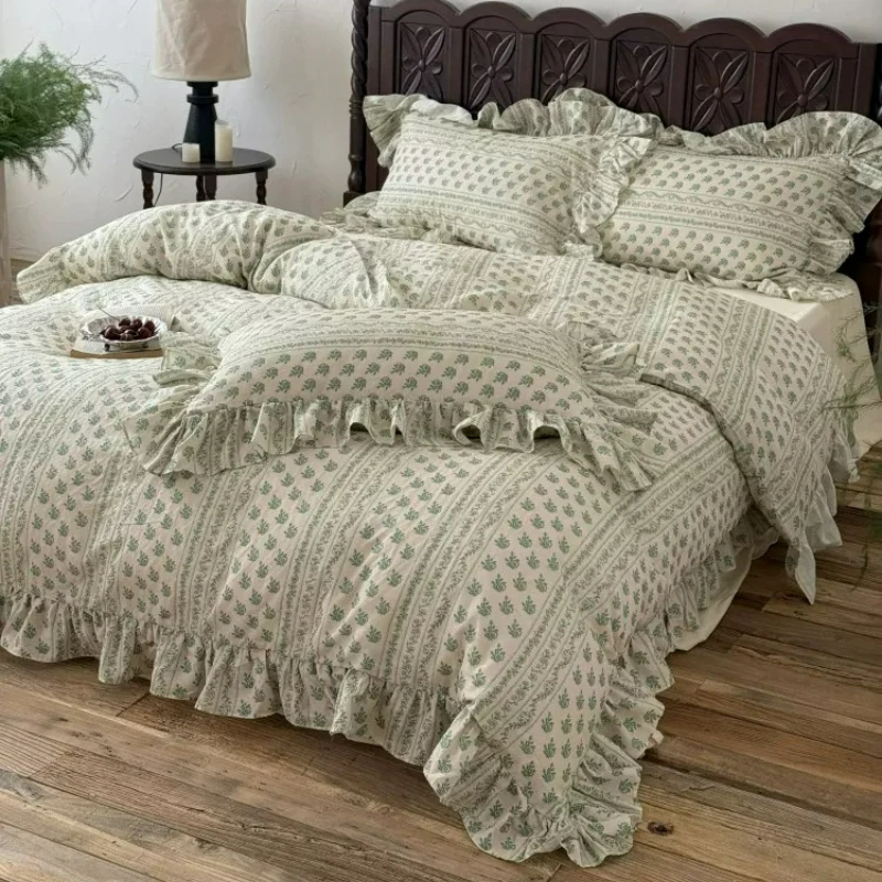 French Style Bedroom Girl Floral Print Full Cotton Double-layer Yarn 4 Piece Set Bed Sheet Pure Cotton Bedding for Spring Summer