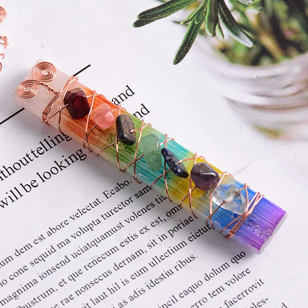 7 Chakra Rainbow Color Wire Wraped Raw Selenite Stick Tumbled Stones for Reiki Healing Crystals Yoga Meditation Balancing Aura