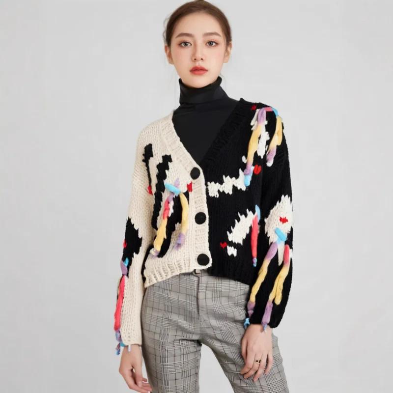 

2026Cross-border women's handmade knitted crochet color-blocked thickened tassel sweaterVCollared Knit Cardigan Coat Sweater