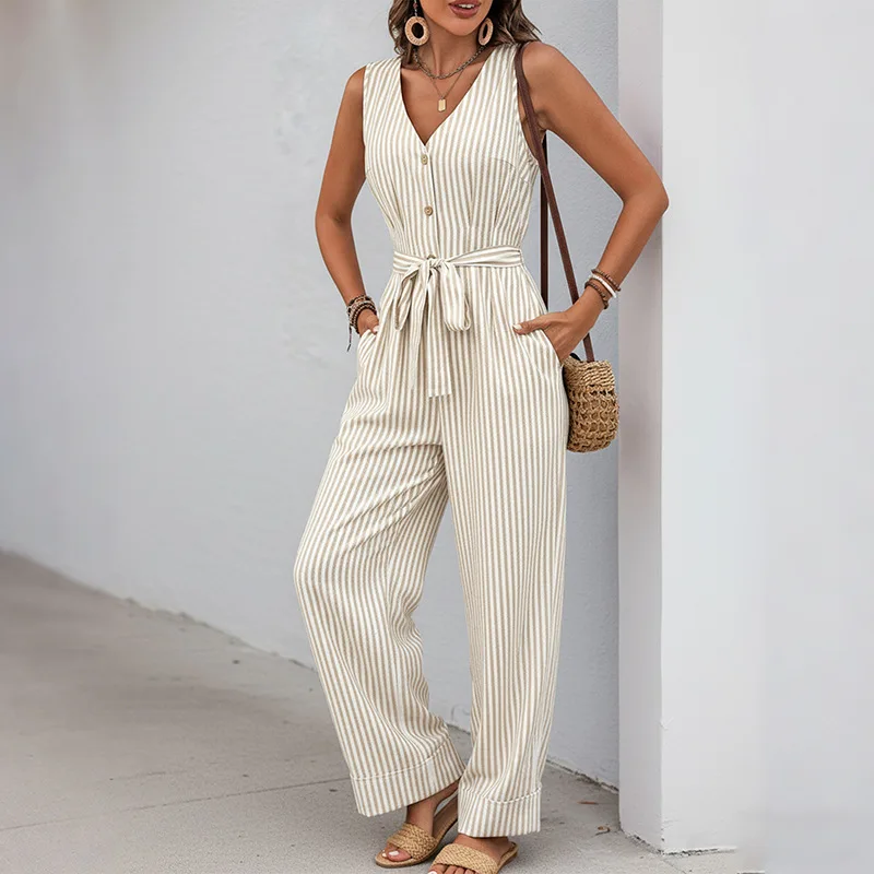 

Women's Sleeveless V-Neck Striped Jumpsuit with Belted Waist and Wide Leg Pants for Casual Summer Wear