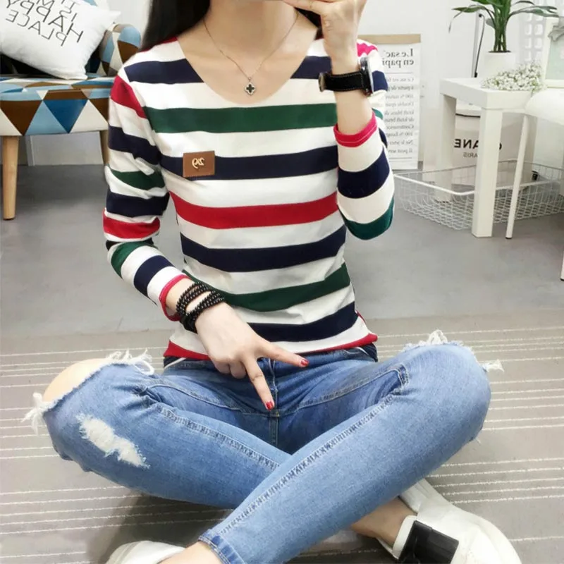 Casual V-Neck T-shirt Women All-match Color Striped Spring Autumn Female Slim Long Sleeve Patchwork Pullovers