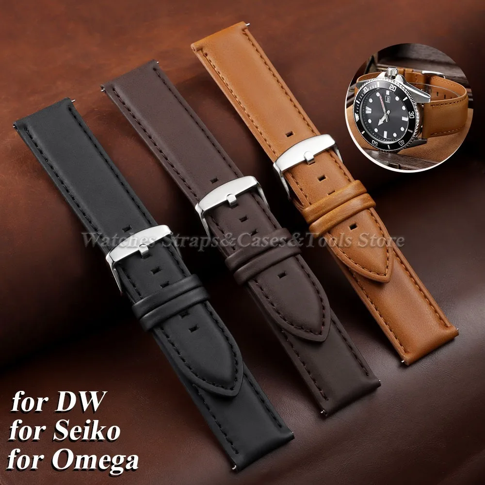 Bracelets de montre vintage en cuir de vachette 18mm 20mm 22mm 24mm pour DW, Seiko, Omega, à libération rapide, universels pour hommes et femmes