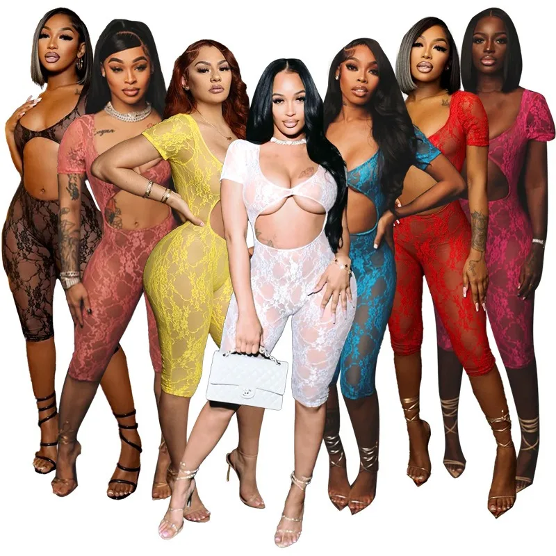 

Women Sexy See Through Lace Playsuits Wide U-Neck Hollow Out Short Sleeve Backless Skinny Midnight Club Party Rompers Overalls