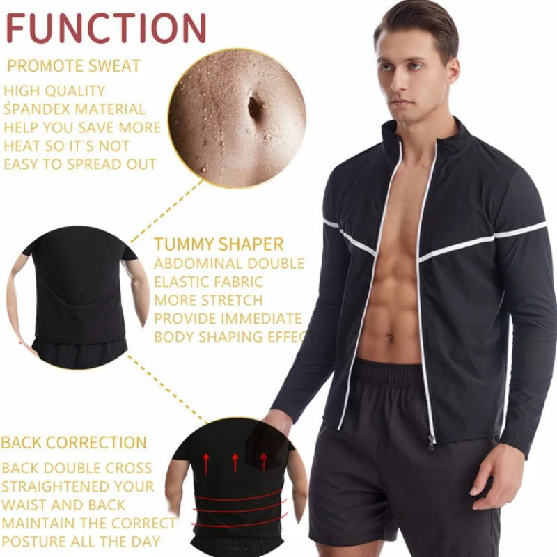 MrifDila Reflective Straps Full Zipper Sauna Jackets Men's Fitness Gym Suit Weight Loss Heat Trapping Sweating Tops Body Shaper