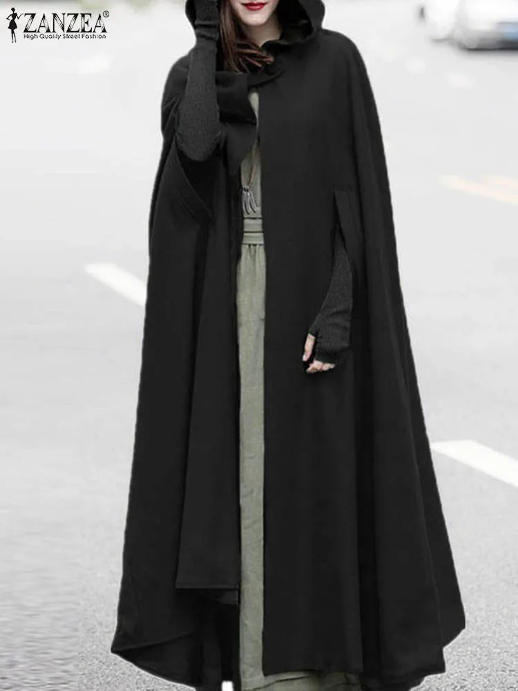 Fashion Long Cape Cloak ZANZEA Women Hooded Wool Blend Cloak Coat Autumn Hoodies Poncho Warm Cosplay Jackets Outwear Windbreaker