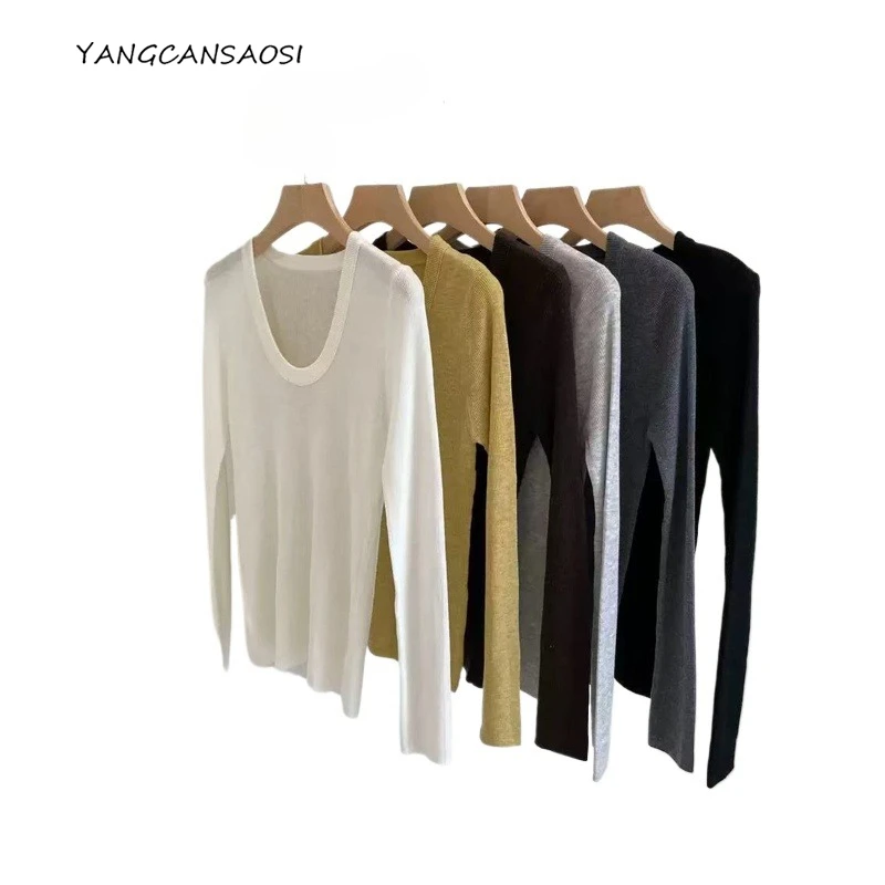 

2025 женский осенне-зимний новый 16-гольный 48 нитей шерстяной натуральный шелковый шелковый пуловер с U-образным вырезом для похудения вязаный свитер