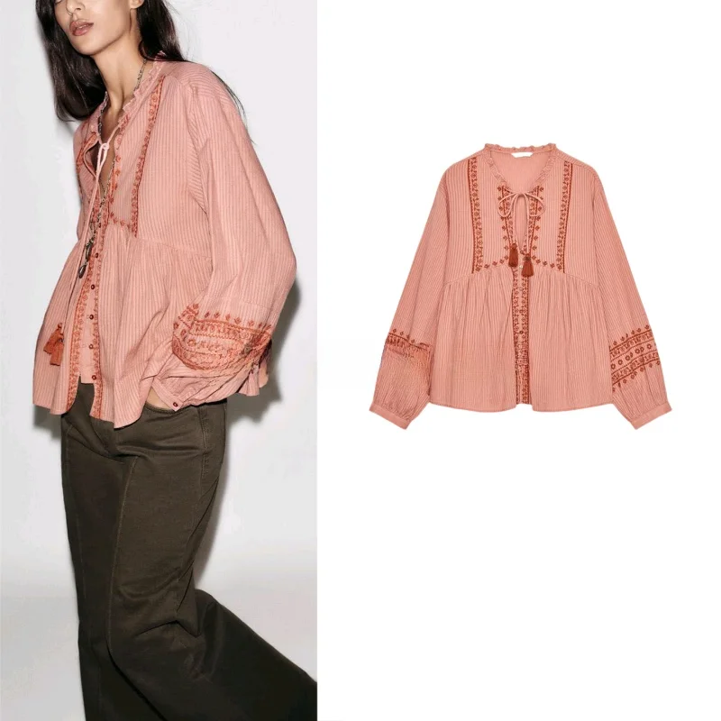 

Осенний новый женский свободный фонарь Све, круглый Ne с кисточками и поясом, цветная блузка с вышивкой, длинный свек из хлопка и полиэстера