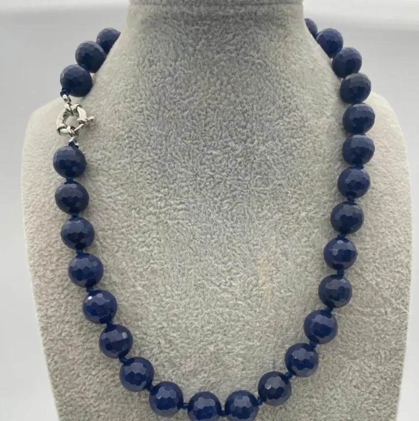 

12mm Blue Sapphire Faceted Gems Round Beads Necklace 18"