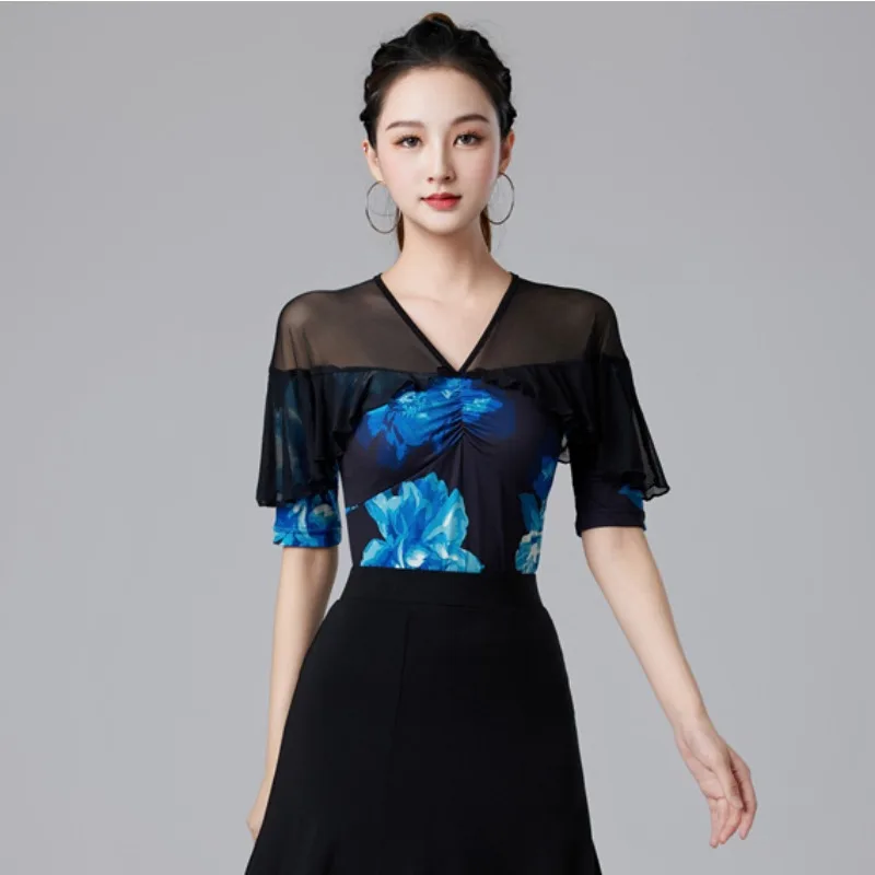 

Women Solid Ruffle Latin Dance Top Ballroom Waltz Jazz Competition Practice Costume Female Dance T-shirt Dancewear top Dancewear
