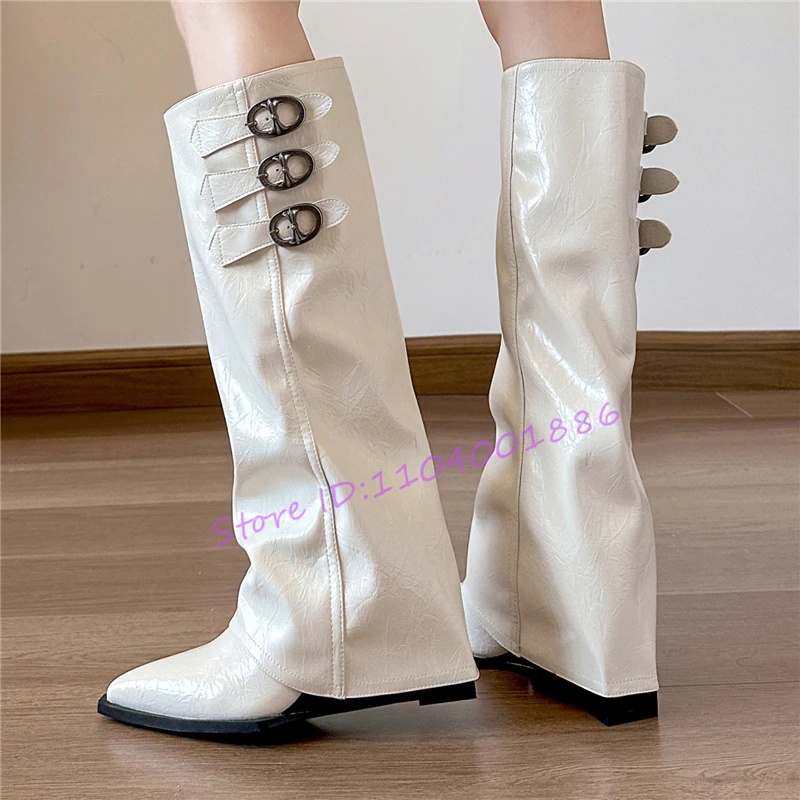 

Autumn Winter New Pointed Toe Wedge Knee High Boots Fashion White Leather Metal Buckle 7Cm High Heel Knight Boots Women Shoes