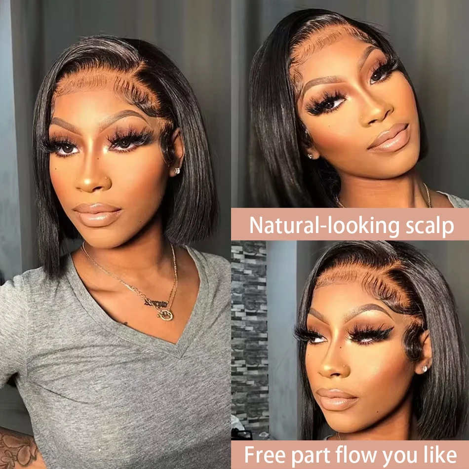 Parrucca in pizzo corto dritto al 200% Parrucca frontale in pizzo 13x4 Parrucche frontali in pizzo brasiliano 100% capelli umani 4x4 Parrucca anteriore in pizzo trasparente per donna nera