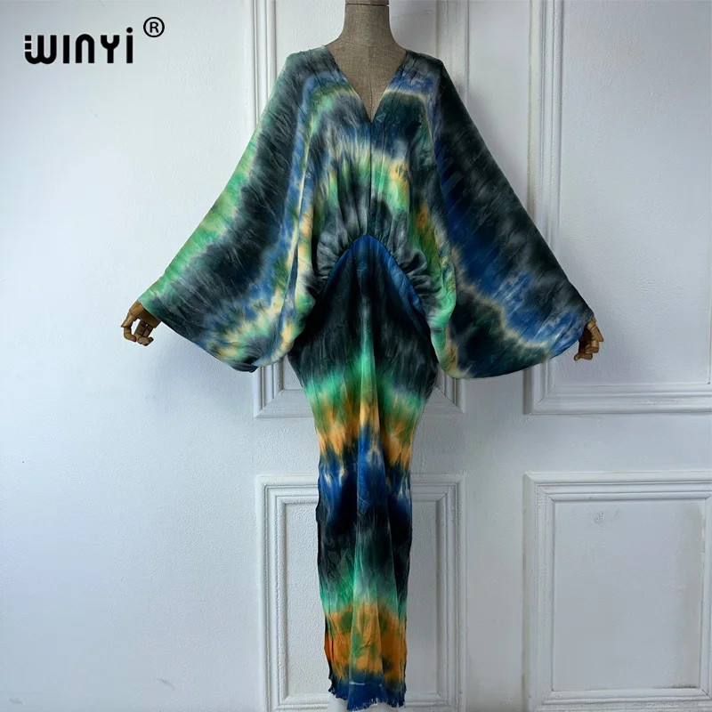 WINYI Tie-dyed retro wrinkle long party dresses Loose robe Femme Vestidos  evening dress beach cover up kaftan abaya dubai luxury