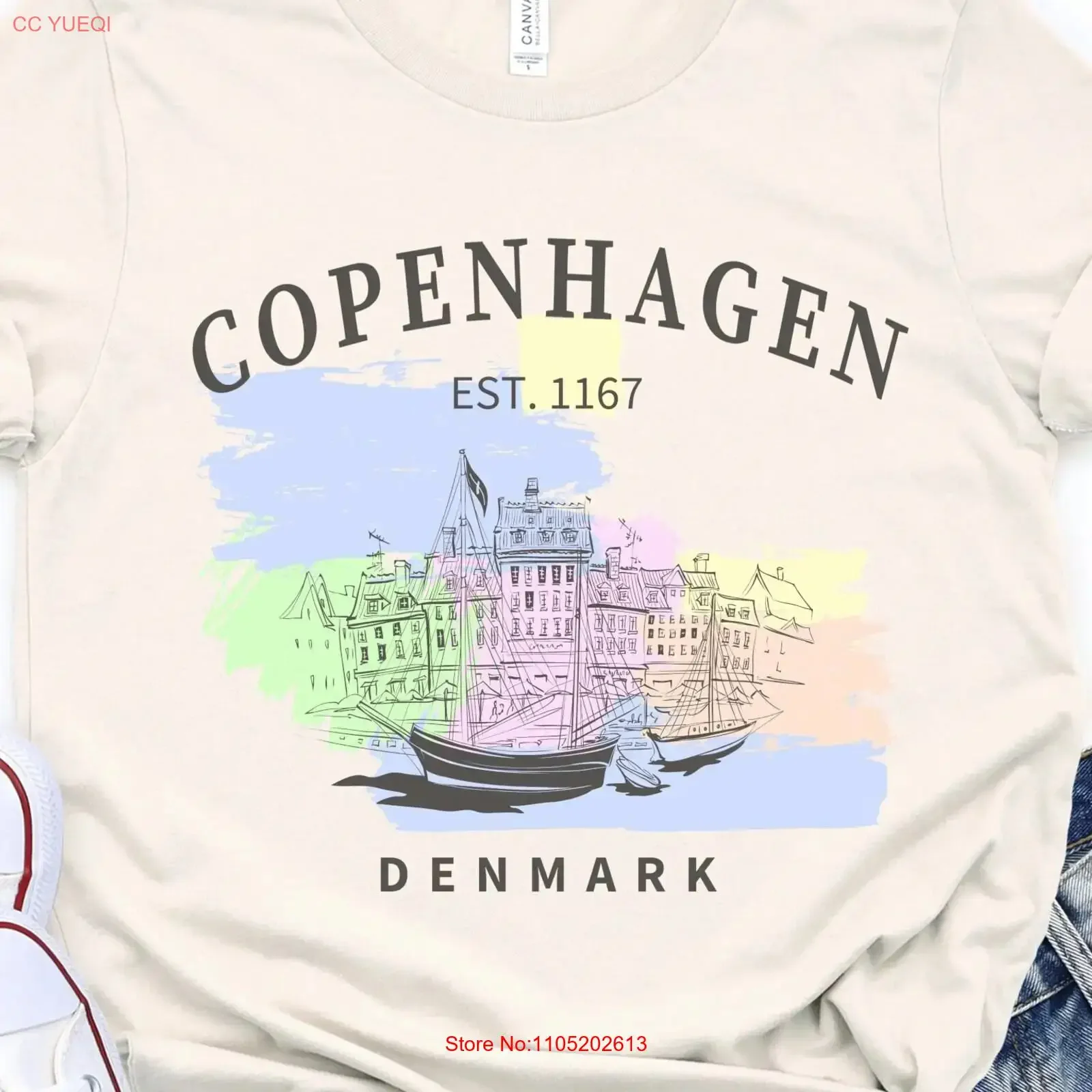 الملونة كوبنهاغنمارك تي شيرت تذكارية خمر غسلها الشارع الشهير موضة الرسم تنفس تنوعا لينة للجنسين أوم #1