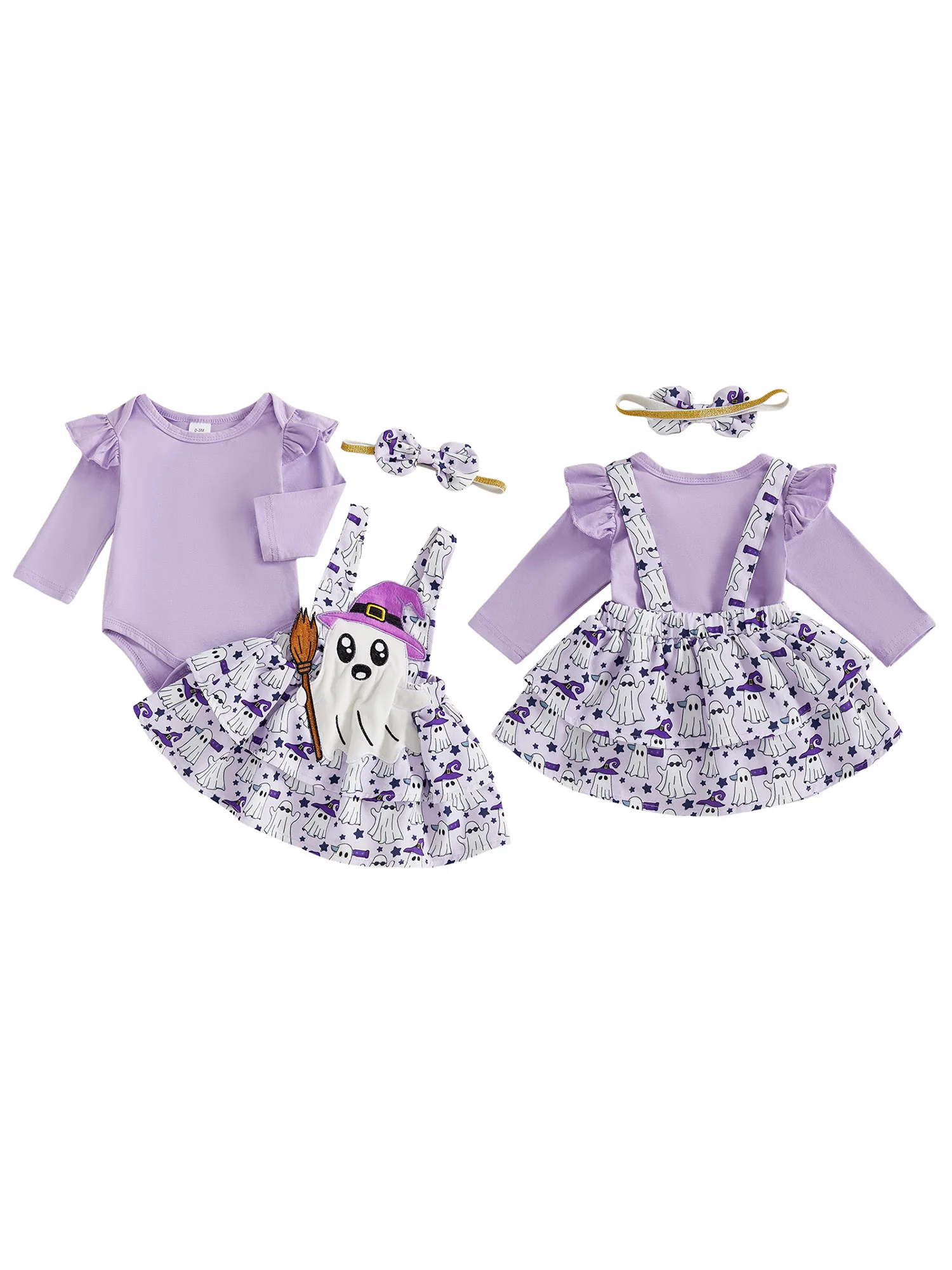 

Toddler Girls Halloween Costume Set with Pumpkin Print Romper Tutu Skirt and Matching Headband for a Spooky Look