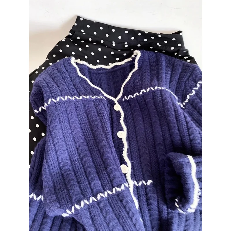 Cárdigan Abierto de Punto con Cuello en V Azul Oscuro Retro para Mujer, Estilo Coreano, Nuevo Estilo Otoño Invierno, Suéter E...