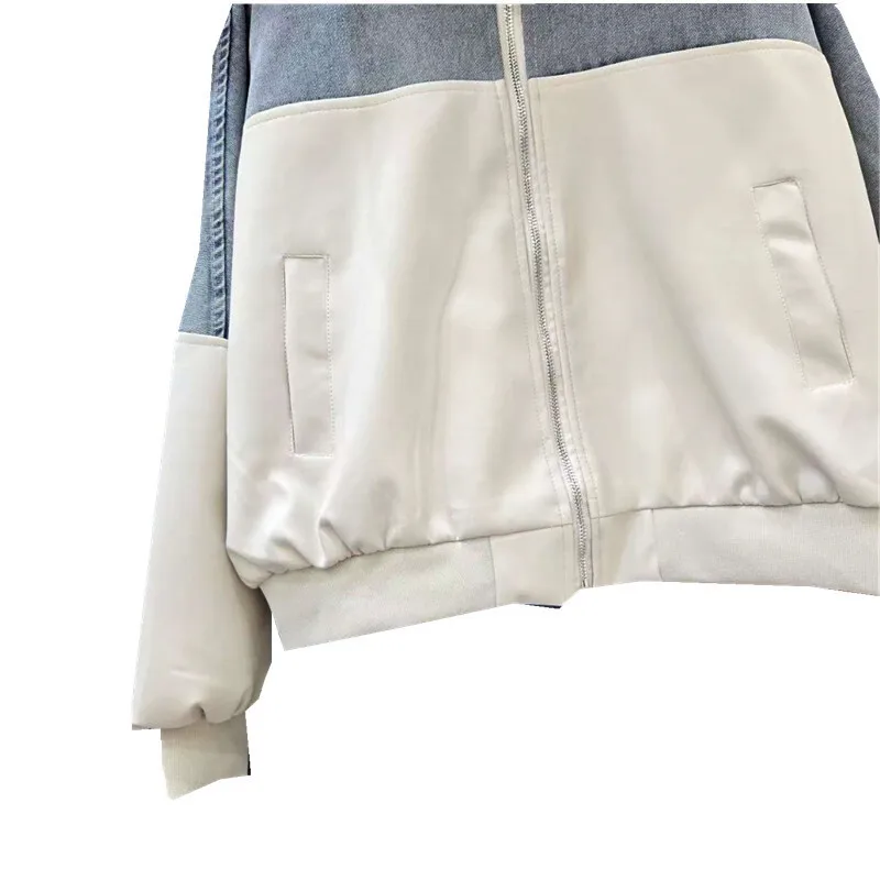 Anjy outono novo casaco feminino denim retalhos contraste cor gola zíper personalidade streetwear chique jaqueta de beisebol a10168