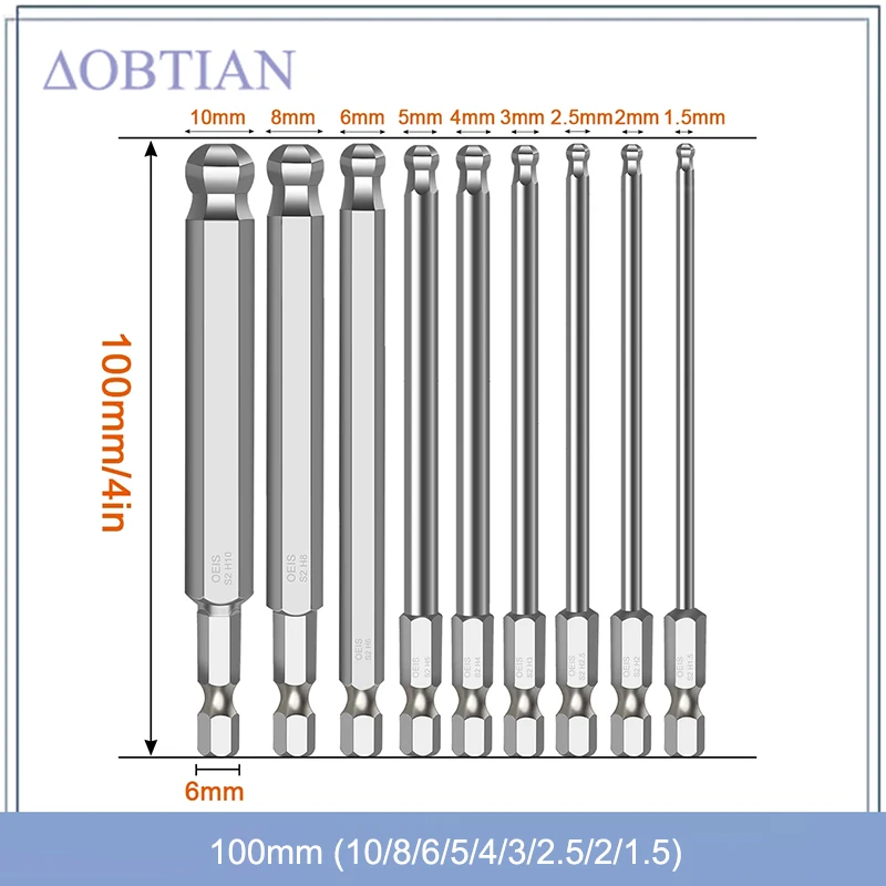 Conjunto de Bits de Chave de Fenda Sextavada com Extremidade Esférica Broca Sextavada Allen Métrica de 100 mm de Comprimento Broca Magnética de Cabeça Esférica
